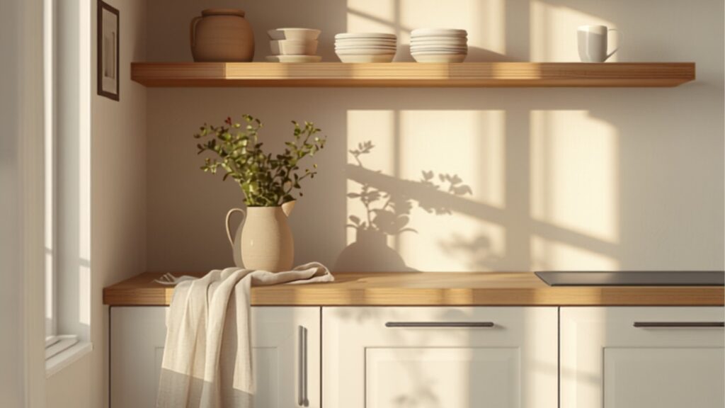 Witte keuken met eiken werkblad en open eiken planken in warm daglicht