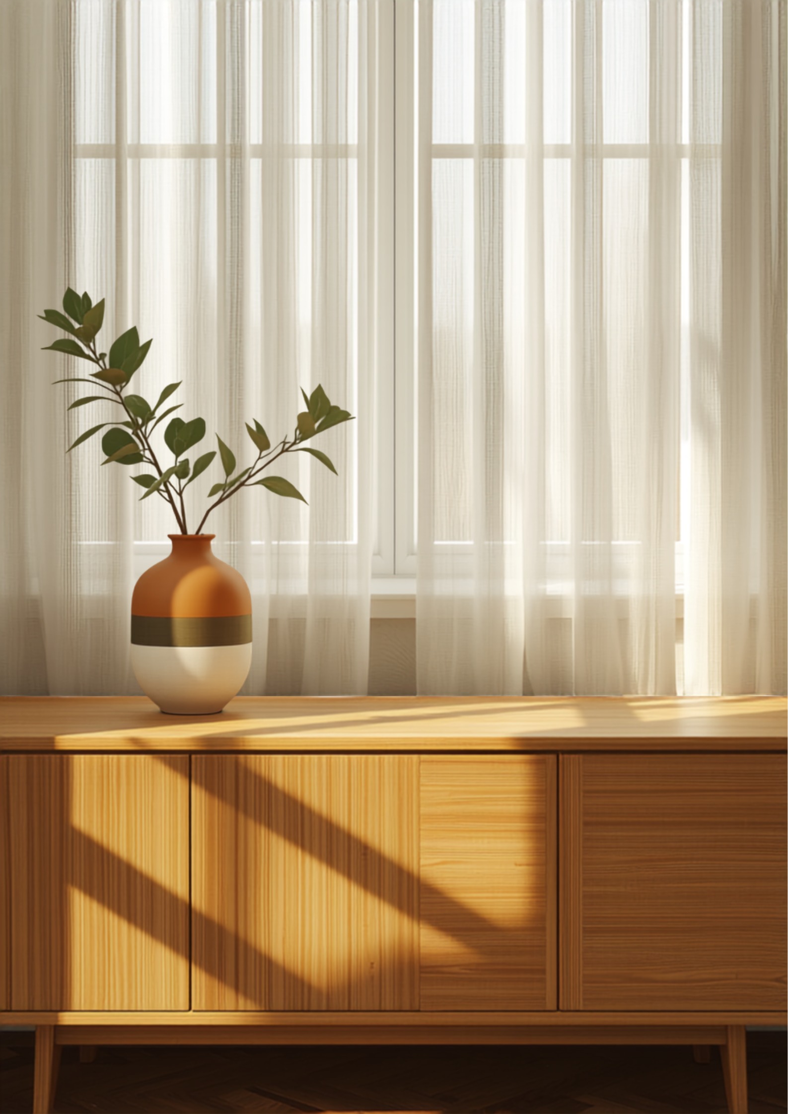 Laag eiken dressoir onder een raam met dunne linnen inbetween, een groene plant en klei-kleurige vaas in warm daglicht