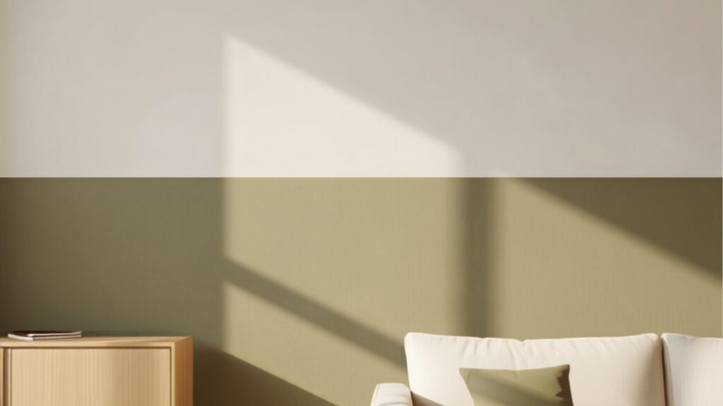Woonkamer geschilderd in twee kleuren met gebroken witte bovenwand en olijfgroene onderwand, lichte eiken dressoir en beige linnen bank