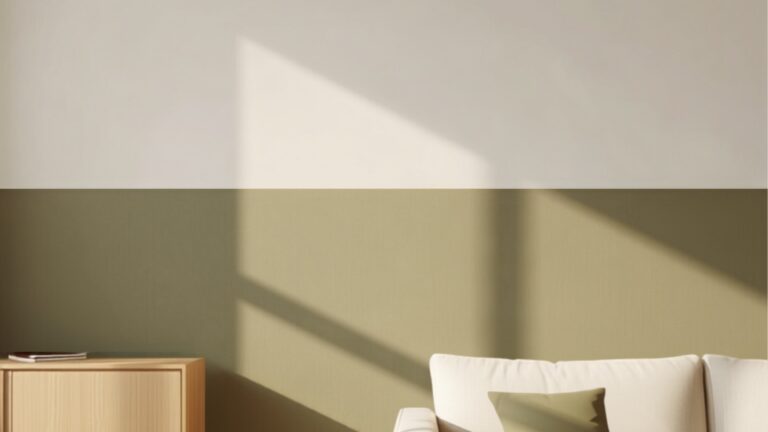 Woonkamer geschilderd in twee kleuren met gebroken witte bovenwand en olijfgroene onderwand, lichte eiken dressoir en beige linnen bank