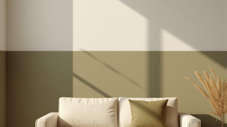 Woonkamer met tweekleurige muur, gebroken wit boven en olijfgroen onder, met beige linnen bank