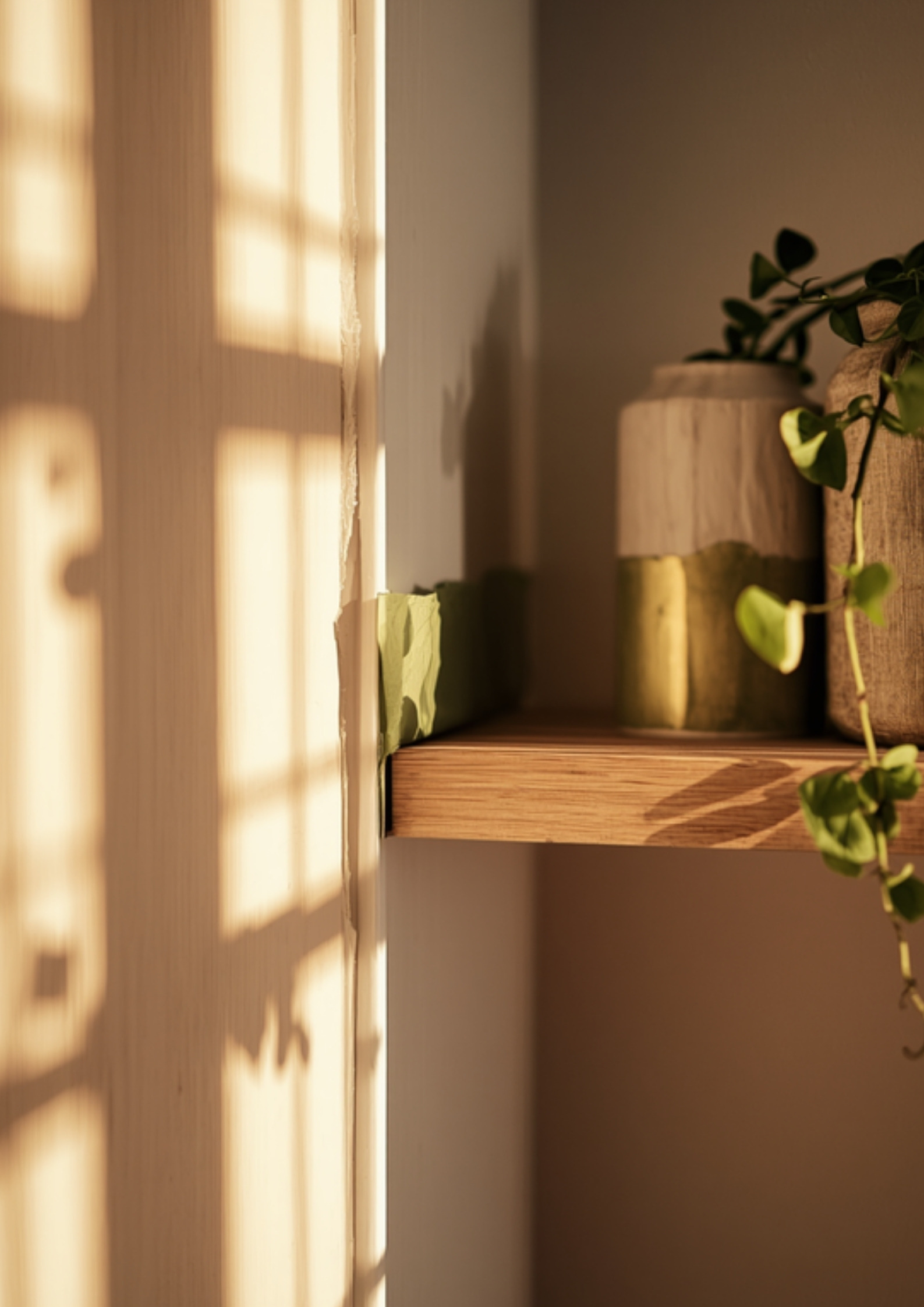 Detail van een houten plank bij een raam met warm daglicht, keramieken vazen en een hangende groene plant