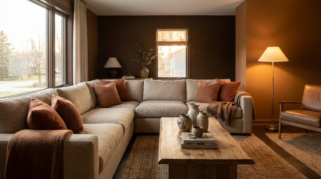 Woonkamer in warme aardetinten met chocoladebruine muur, terracotta accenten en eiken meubels, woontrend 2026