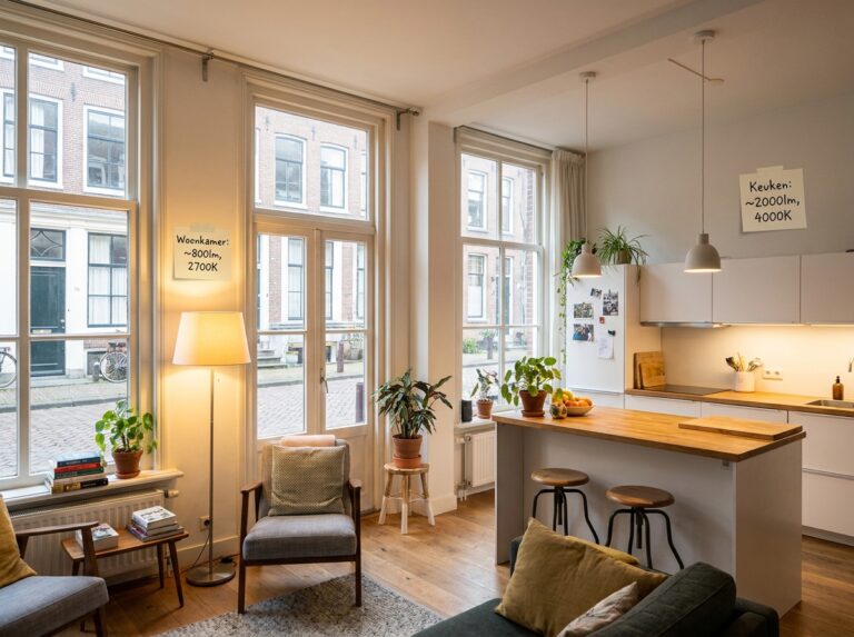 Woonkamer met meerdere lichtpunten op warm wit licht, hanglamp boven de eettafel en een vloerlamp bij de bank
