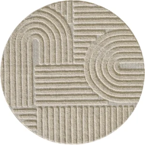 Japandi Art Rond Vloerkleed Laagpolig Effen Beige - 200 Cm Diam. van Praxis