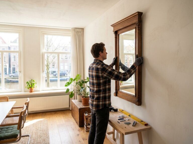 Grote spiegel met houten lijst aan een lichte wand naast een trap, met daglicht uit een zijraam